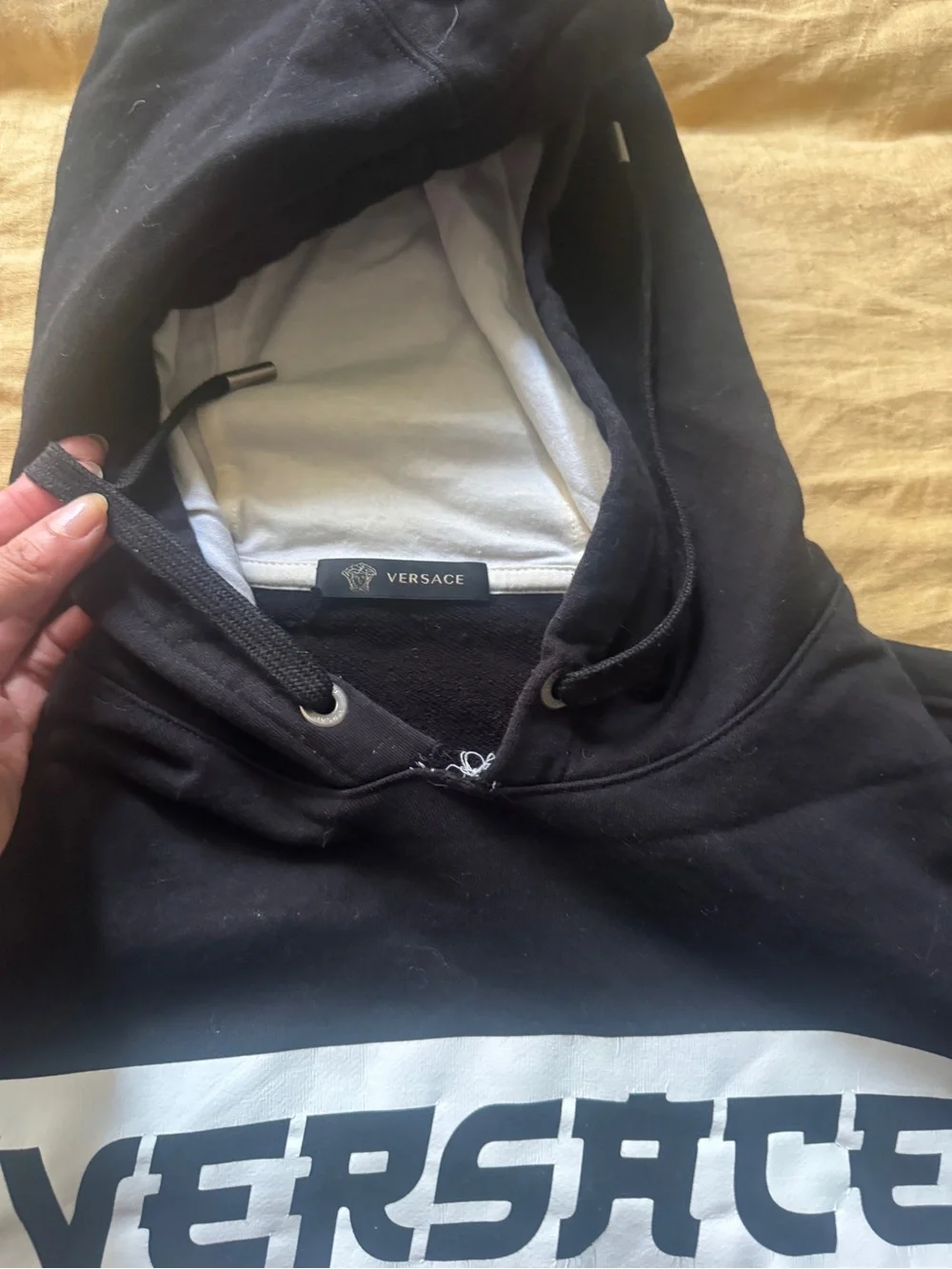 Versace Black Hooded Zip-Up Sweatshirt with White Logo Panel